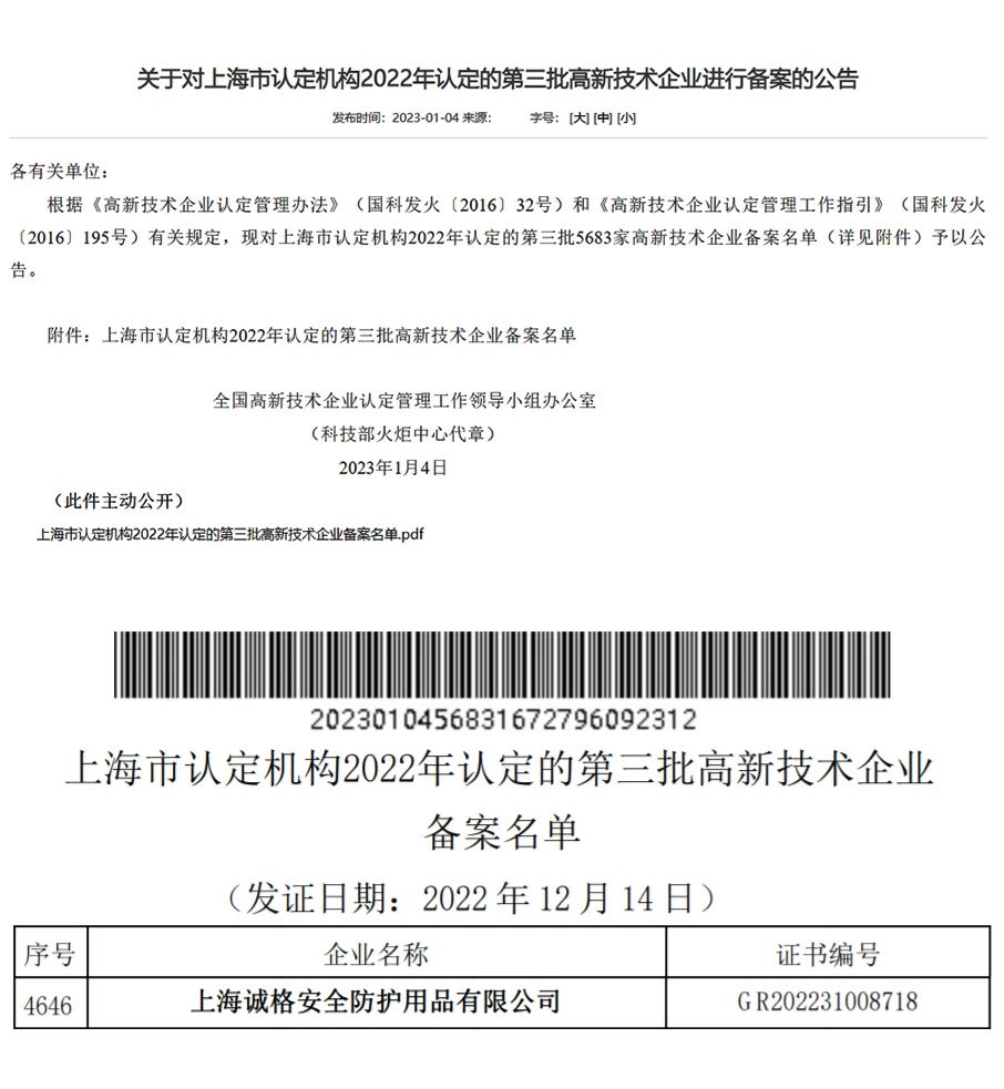 上海誠(chéng)格安全裝備集團(tuán)有限公司通過了由國(guó)家科學(xué)技術(shù)部高新技術(shù)企業(yè)認(rèn)定中心的2022年第三批“高新技術(shù)企業(yè)”.jpg